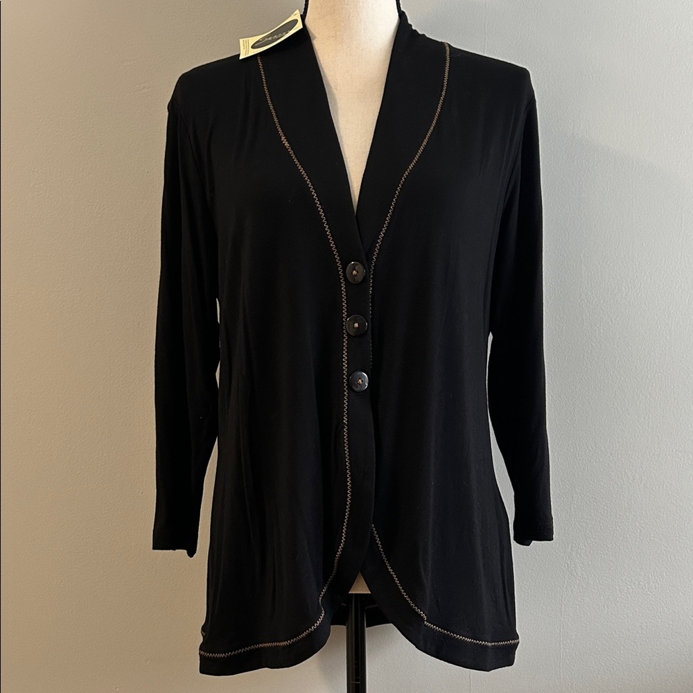 NWT Lynn Ritchie Knit Cardigan in Black with Tan Stitching Detail